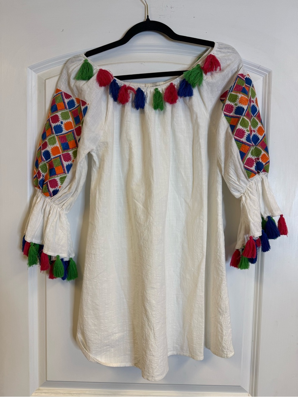 Velzera Size S White Embroidered Boho Tassel Bell Sleeve Mini Dress